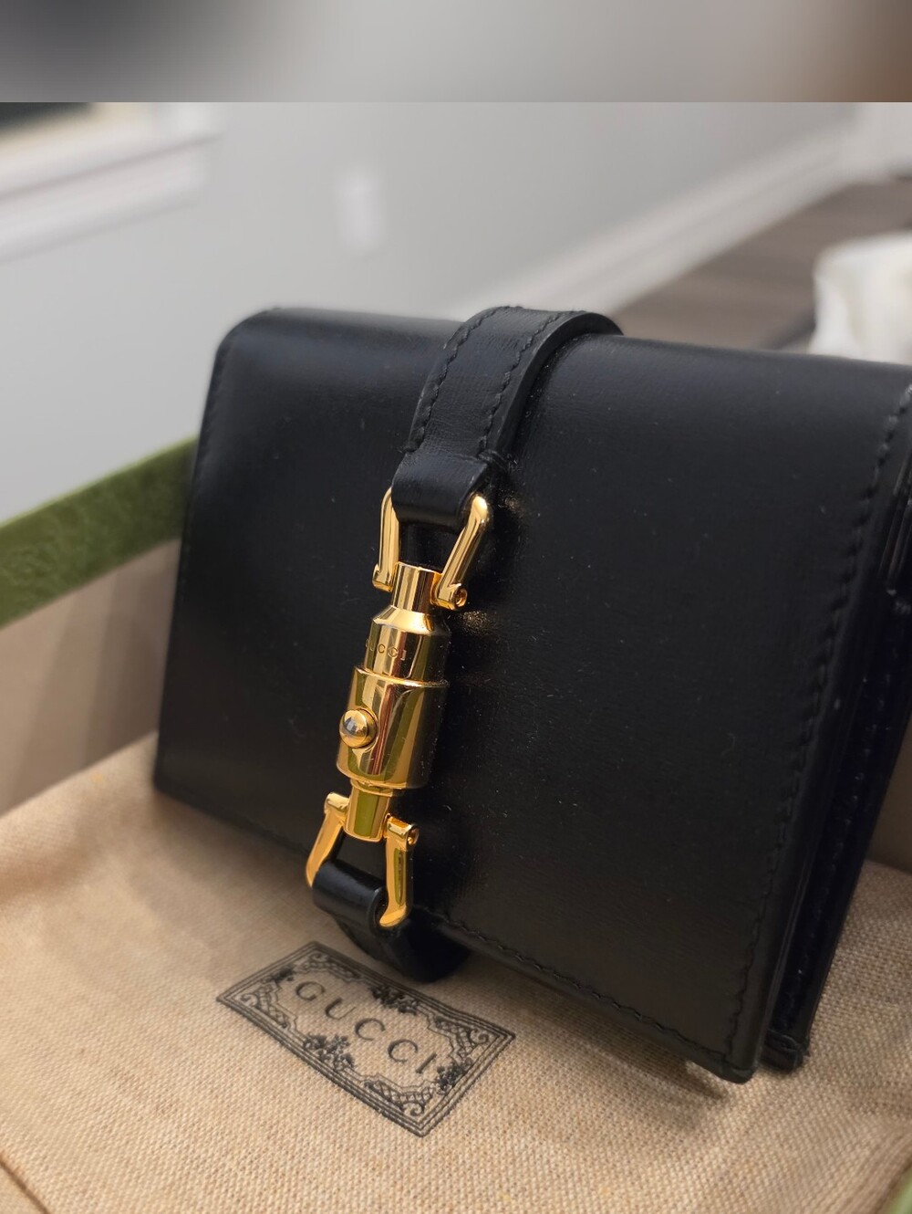 Gucci Black Leather Mini Wallet with Gold Hardware Buckle
